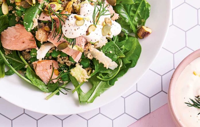 Chickpea couscous with horseradish yoghurt and smoked salmon