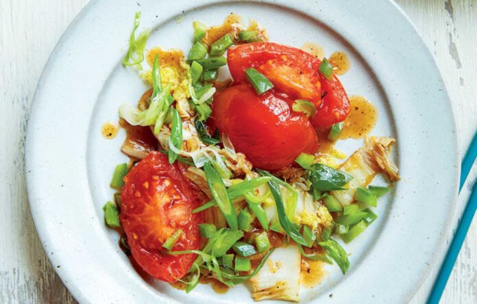 Vegan cabbage, tomato and spring onion stir-fry