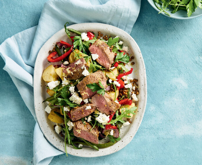 Warm mustard lamb, lentil and feta salad