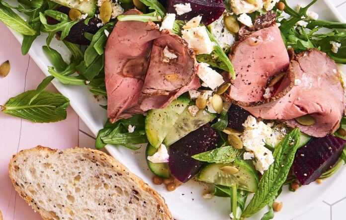 Beef, lentil, beetroot and feta salad