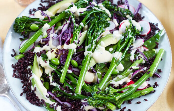 Rice salad with blistered broccolini and miso dressing