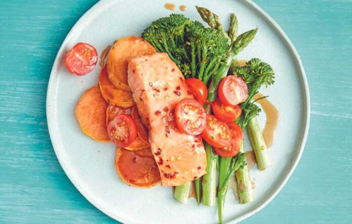 Baked chilli–lime salmon with sweet potato, broccolini and asparagus