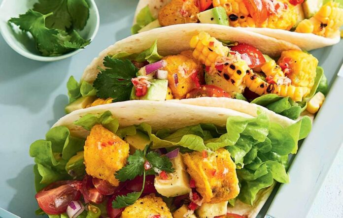 Fish tacos with corn and avocado salsa