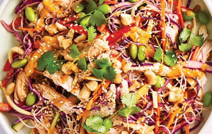 Rainbow noodle salad  with chicken and edamame