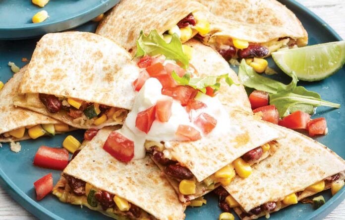 Bean, corn and courgette quesadillas