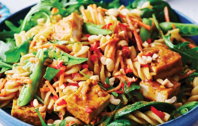 Satay tofu pasta  salad with sugar  snap peas