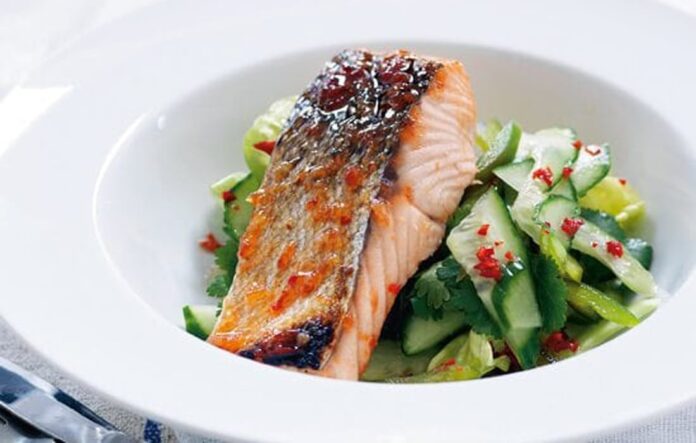 Chilli salmon with coriander salad