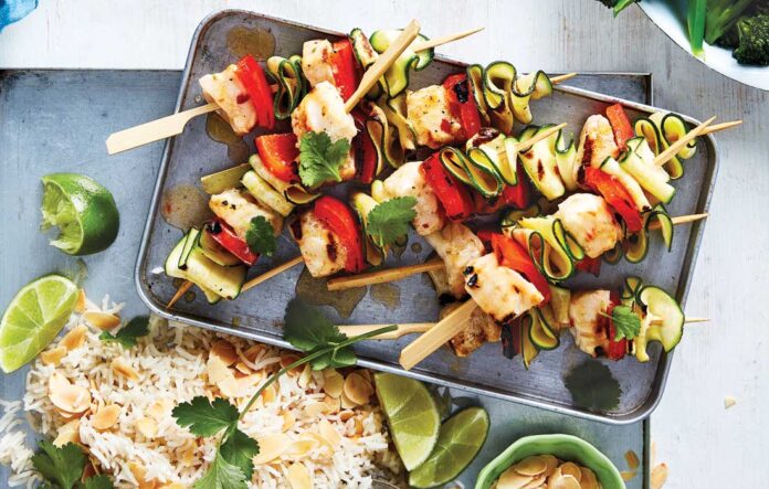 Sweet chilli and lime fish skewers with coconut rice