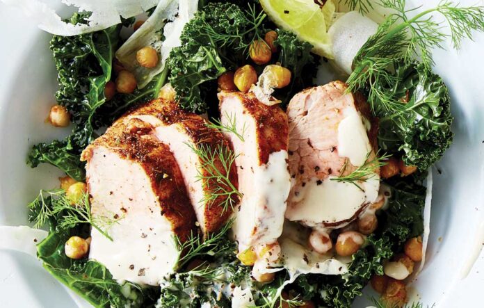 Cajun pork with roast chickpea and kale salad