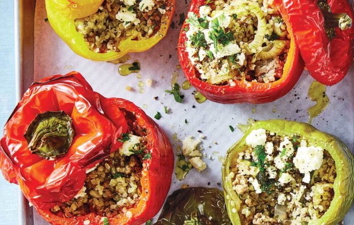 Lamb and quinoa stuffed capsicums with feta