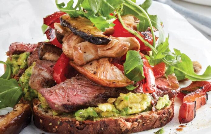 Open steak sandwich with balsamic mushrooms